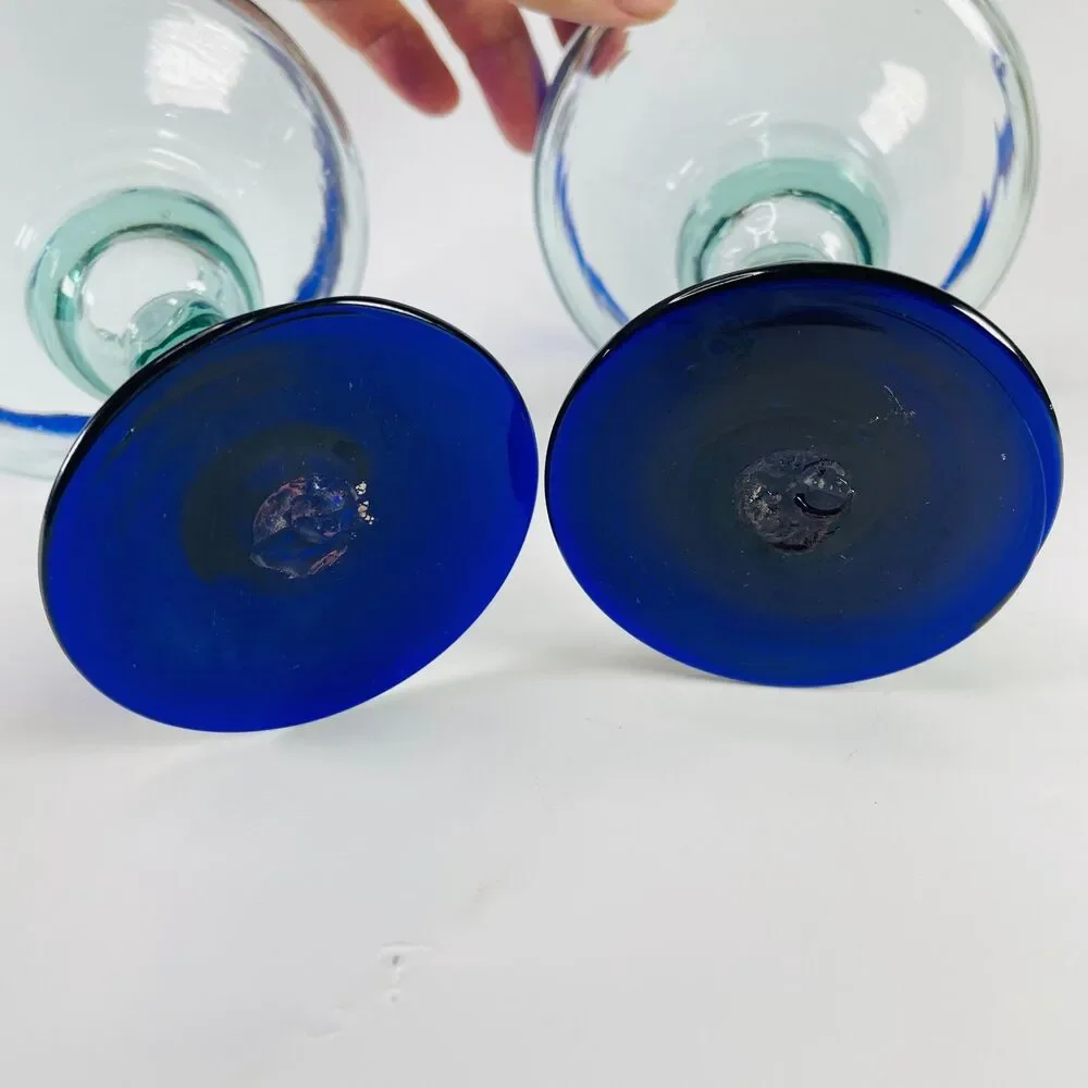 2 LG Hand Blown Margarita Glasses Clear w/ Cobalt Blue Rim & Base Cocktail Glass